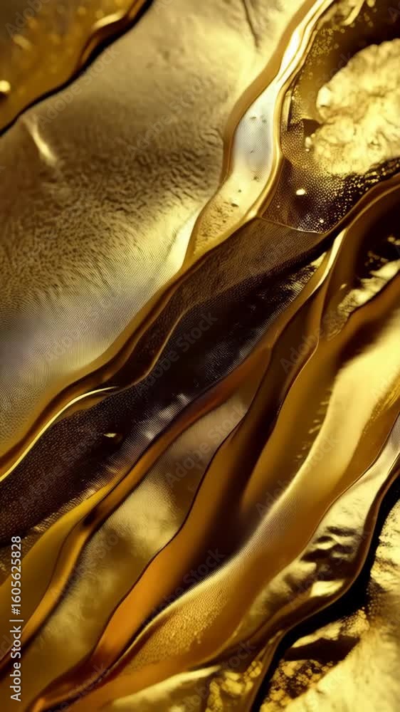 Poster abstract design of metallic gold layers with textural wavy pattern, rich in color and shadow, glossy