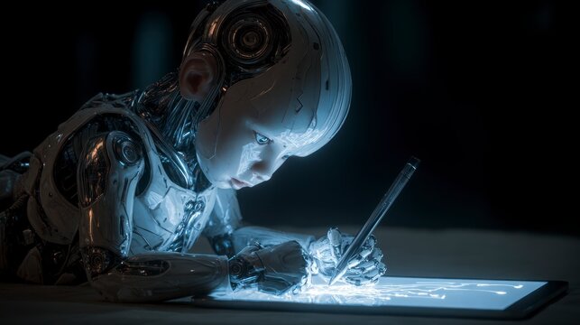 Robot child drawing on tablet