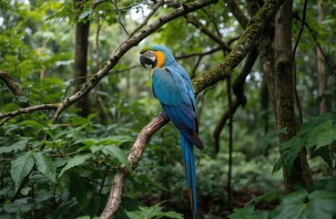 Vibrant blue macaw bird sits on tree branch in green jungle foliage. Exotic parrot with colorful feathers, bright beak natural habitat. Wildlife nature scene, tropical rainforest backdrop, serene
