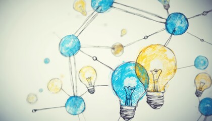 Abstract illustration shows interconnected blue, yellow light bulbs, collaborative idea generation, innovative problem-solving. Perfect for business workshops, startups, creative strategy planning,