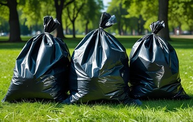 Plastic bags full of garbage in the park