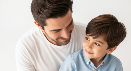 Obraz premium Father smiling with arm around young son 