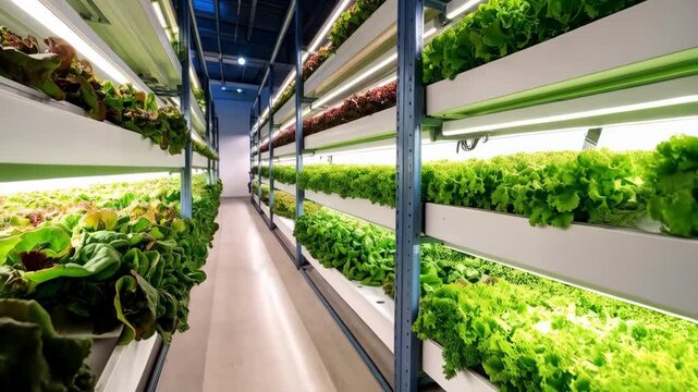 Rows of hydroponically grown lettuces and greens on shelves in a controlled environment agriculture facility under LED lighting.