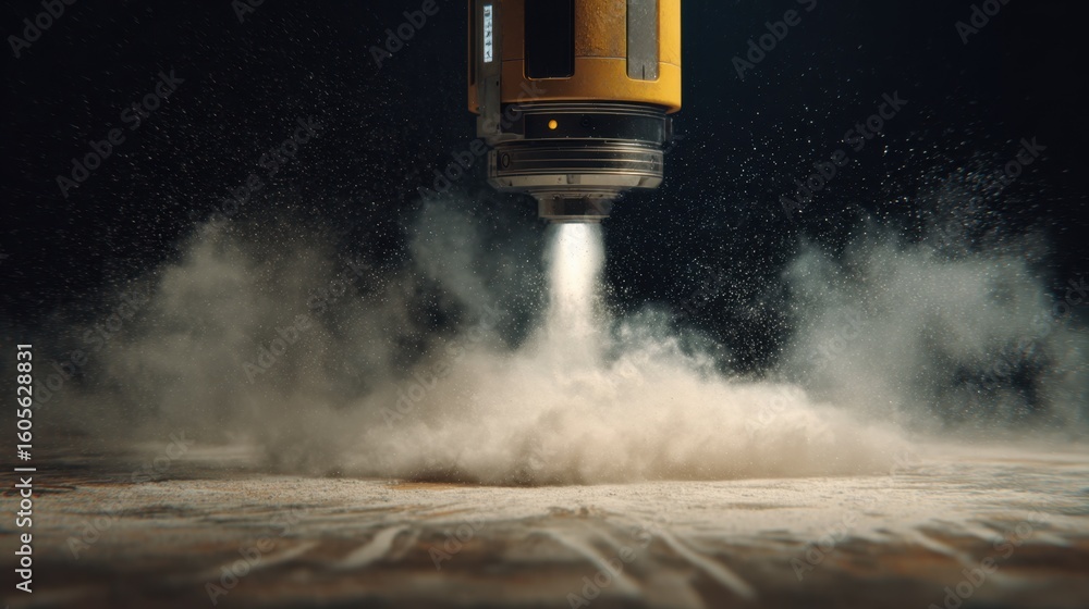 Poster robotic chalk sprayer is creating lines on a floor with white chalk dust, generating a cloud of dust