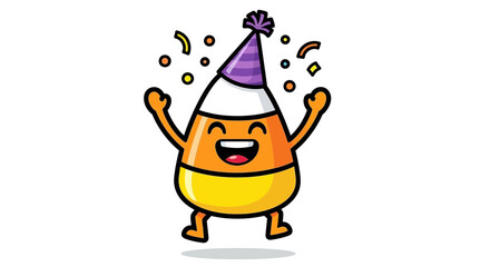 Cartoon Vector SVG Illustration of Candy Corn Character Wearing Party Hat with Confetti Flat Design Style