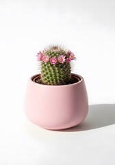 Small green cactus with pink flowers in modern pink ceramic pot on white background minimal plant decor