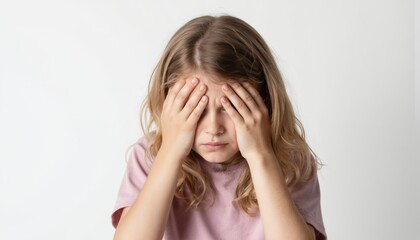 Young girl holding head in pain from headache or migraine. Child looks sick, stressed, sad with sorrowful expression, possibly suffering from depression or fatigue. White background with copy space.