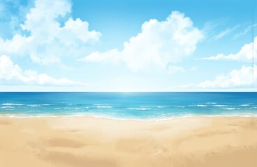 Beautiful empty tropical beach, turquoise ocean water under clear blue sky with white clouds. Golden sand beach with gentle waves rolling ashore. Perfect background for travel, vacation, summer