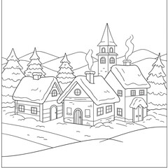 Obraz premium Winter village scene with houses and pine trees for coloring page 