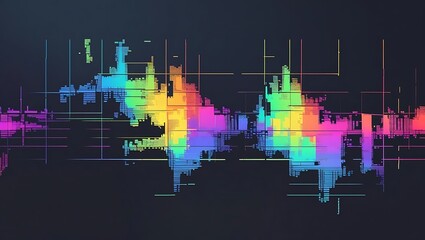 Colorful rainbow spectrum glitch effect on a dark tech background with abstract data grid lines