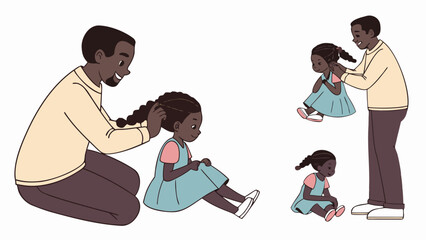 Illustration of a father braiding his daughter's hair with two other versions of the daughter present