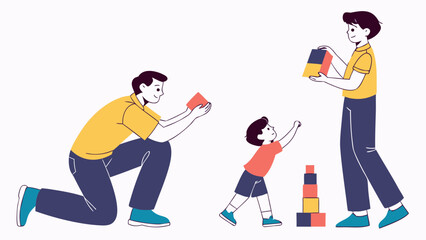 Illustration of two fathers and a child playing with building blocks in a minimalist style design