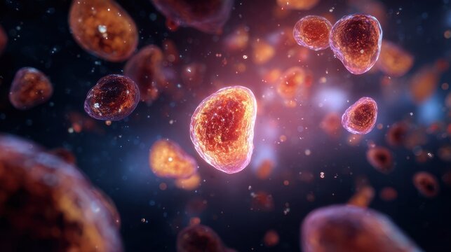 Conceptual medical image of insulin droplets dissolving within damaged beta cells symbolizing impaired glucose regulation in endocrine pancreas.