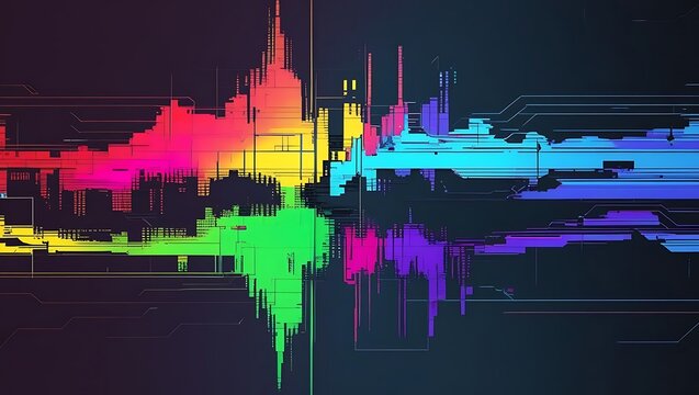 Dynamic Abstract Rainbow Sound Wave Visualization with Pulsating Digital Frequencies Representing Modern Technology and Data Flow Concepts