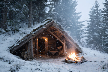 Cozy Winter Shelter: Rustic Lean-to with Fire Amidst Falling Snow for a Survivalist's Warm Embrace