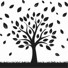Silhouette of a tree with leaves falling in a black and white illustration
