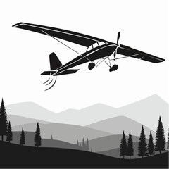 Fototapeta premium Airplane soars over a scenic mountain landscape in monochrome vector art