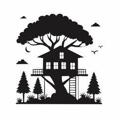 Fototapeta premium Silhouette treehouse with ladder, trees, moon, and birds in nature scene