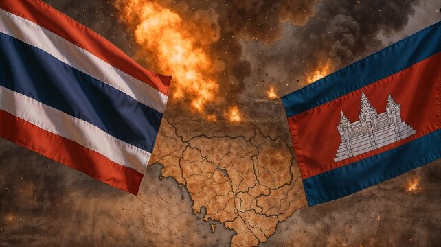 Thai and Cambodian flags positioned over cracked scorched earth map with explosive flames above symbolizing armed war conflict and destruction between Thailand and Cambodia. 