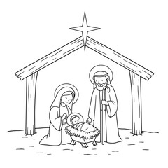 Nativity scene with Mary, Joseph, and baby Jesus in stable, coloring page  