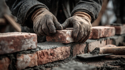 Crafting a brick wall with skilled hands in an outdoor setting