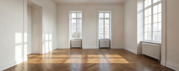 Obraz premium Elegant empty room interior featuring herringbone wood floor, white walls. Soft sunlight streams through tall windows, creating serene, inviting atmosphere with architectural detail. Perfect for