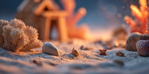 Seashells and coral on sandy beach miniature scene