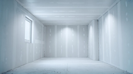 Empty room with white drywall awaiting final touches in remodeling