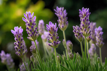 Fototapeta premium Lavender flowers bloom vibrantly in a garden during sunny day
