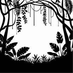Silhouette jungle background with dense vegetation and hanging vines