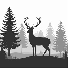 Silhouette of a majestic deer standing in a grayscale forest landscape