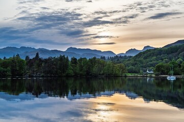Sunset over Windermere Lake, Ambleside, Lake District, Cumbria, England