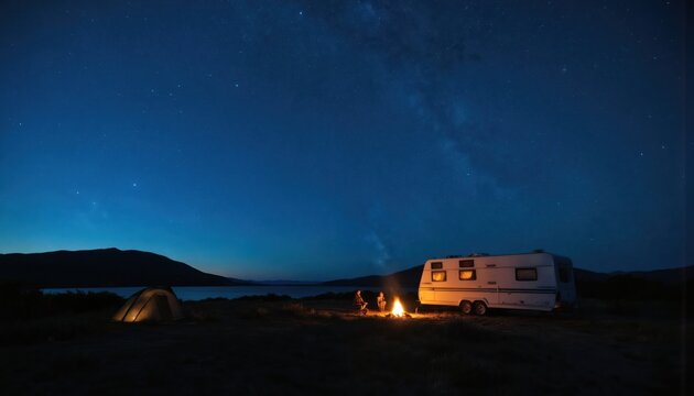 Serene night camping scene with caravan and campfire by lake under starry sky. Two people relax by fire. Tent glows. Perfect for outdoor adventure, travel, nature connection. - Powered by Adobe