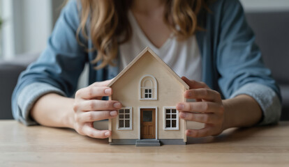 Woman holds miniature house model on wooden table. Focus on real estate, home ownership, property purchase concept. Indoor, soft warm light, hopeful positive vibe for banner or poster.