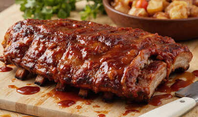 Juicy pork ribs glazed with smoky barbecue sauce served on wooden board. Tender, sticky, flavorful meat marinated and baked to perfection. Delicious meal for summer gatherings and traditional cookery.