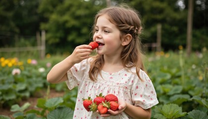 Cute girl enjoying fresh picked strawberries in garden. Smiling child eats ripe juicy berries, holding them in hand. Summer harvest of sweet organic fruit, healthy delicious breakfast.