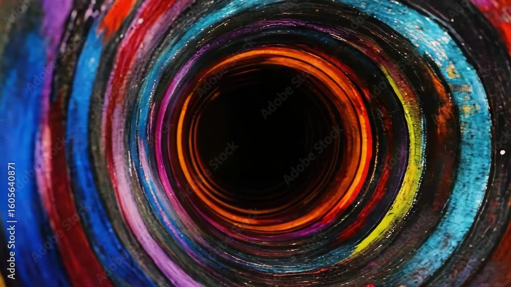 Poster a vivid and whimsical digital art piece featuring a colorful hole or tunnel filled with dynamic swir