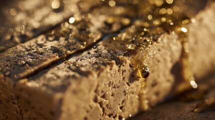 Golden syrup drizzling over textured vegan foie gras, glistening under soft lighting and showcasing artisanal plant based culinary craftsmanship