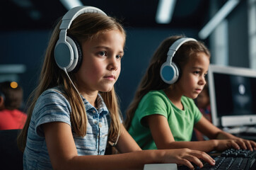 Students wearing headphones use desktop computers for focused learning in a modern classroom environment