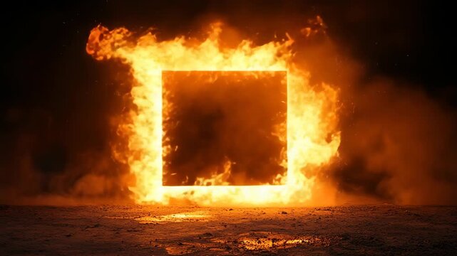 Dynamic fire frame a vibrant, fiery square frame illustrating heat, motion against a dark backdrop, providing creative inspiration and showcasing unique natural design elements for artistic expression