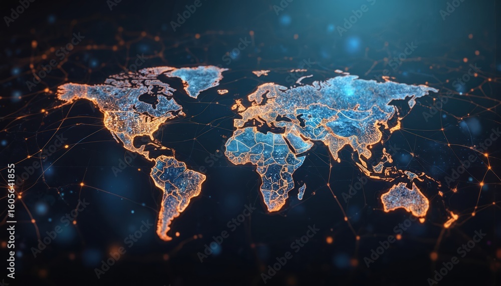 Poster digital world map with glowing connections, global communication, technology. data visualization sho