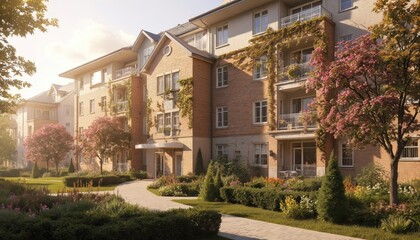 Charming brick university building with blooming plants and warm afternoon sun. Serene campus exterior with inviting landscaping, pathways, and well-kept greenery.