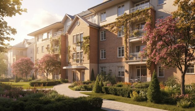 Charming brick university building with blooming plants and warm afternoon sun. Serene campus exterior with inviting landscaping, pathways, and well-kept greenery.