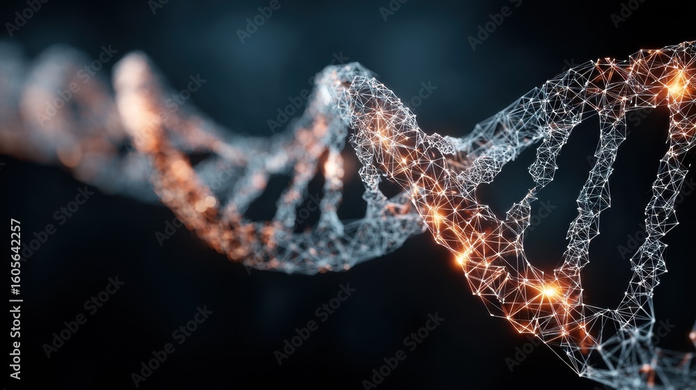 Poster glowing dna double helix gradually transforms into complex geometric shapes, symbolizing evolution f