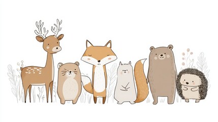 Woodland Creatures’ Gathering: A charming illustration showcases a heartwarming collection of woodland animals, creating a sense of friendship and unity in a serene environment.