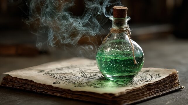 Mystic Potion and Ancient Tome: A captivating shot features a round glass bottle of vibrant green potion sitting upon an old, open book, emitting ethereal vapor.
