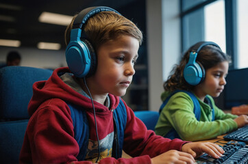 Students wearing headphones use desktop computers for focused learning in a modern classroom environment