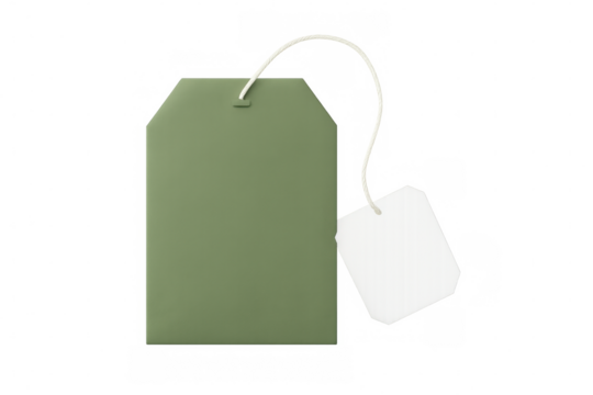Green tea bag with empty white label and hanging string, positioned on clean transparent surface ready for graphic design customization - Powered by Adobe