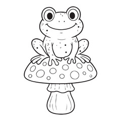 Cartoon frog sitting on a mushroom on a white background.
