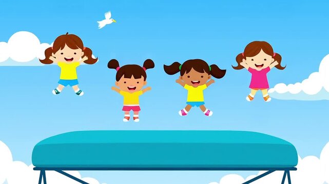 Animated Girls Jumping on Trampoline: Joyful Cartoon Kids Bouncing in the Sky.